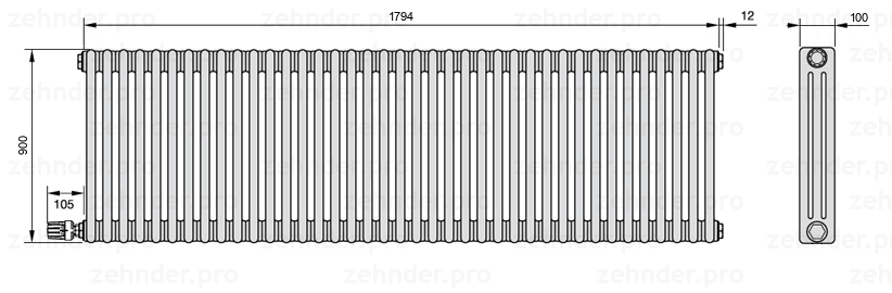 Схема (чертеж) Радиатор Zehnder Charleston 3090/39 №V003 Белый глянцевый RAL 9016